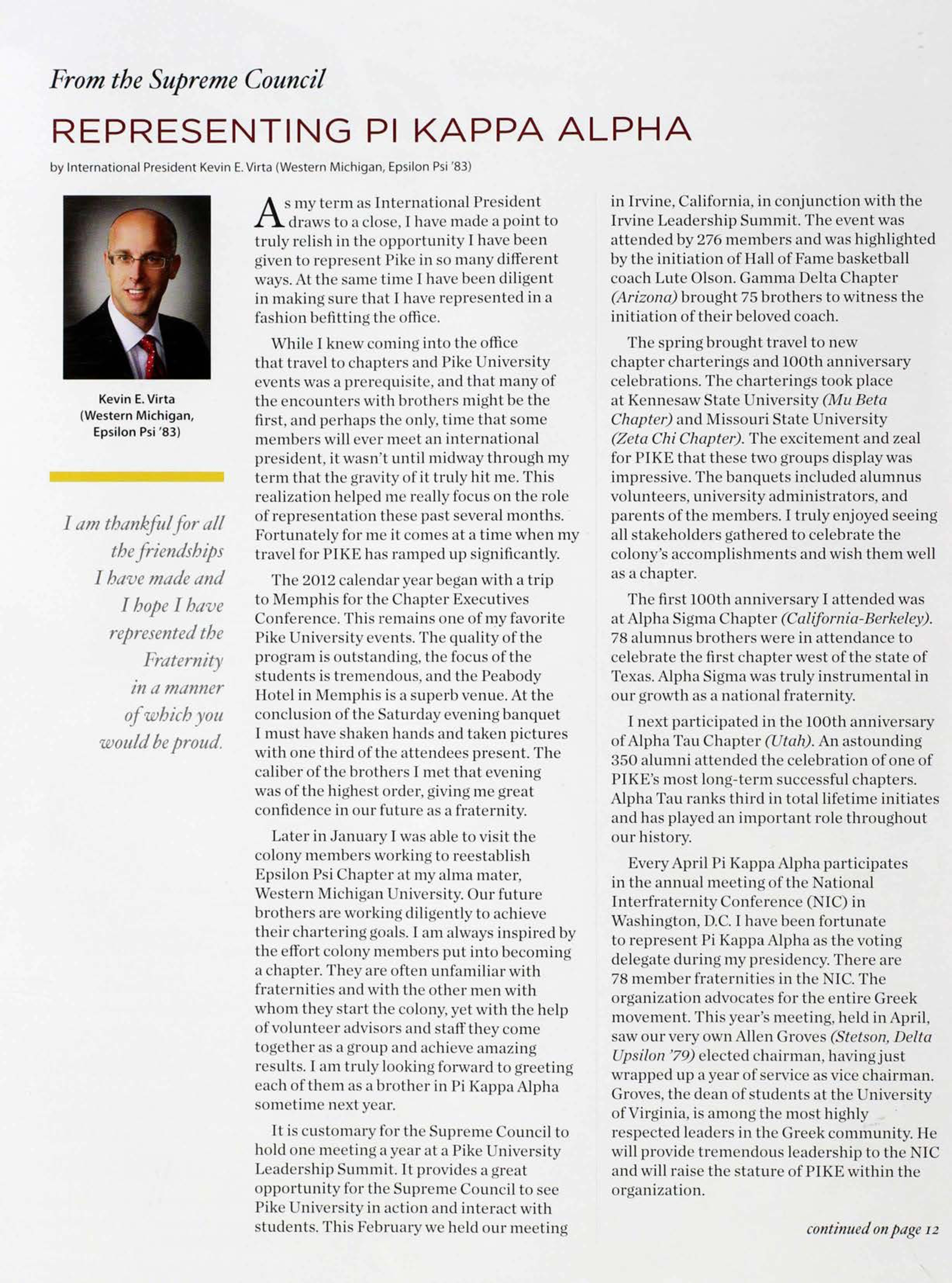 From The Supreme Council Representing Pi Kappa Alpha, Summer 2012